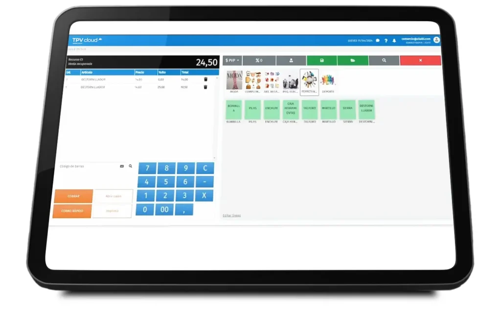 Ver la pantalla de Tpv Cloud en una tablet